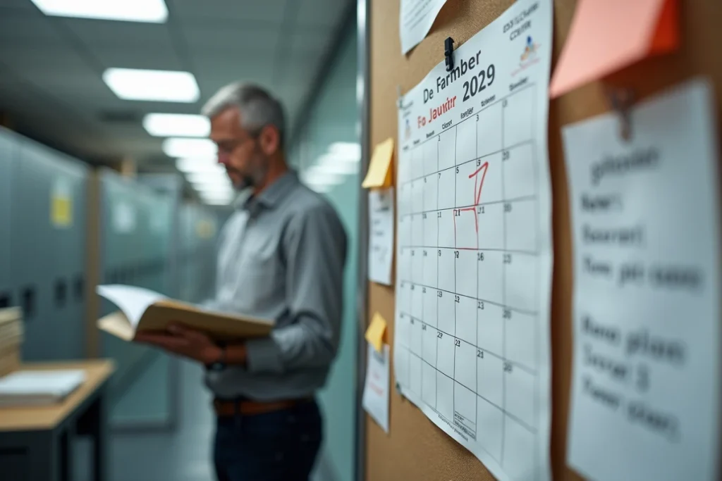 Calendrier de paye de l'éducation nationale affiché dans un bureau administratif avec une date entourée en rouge