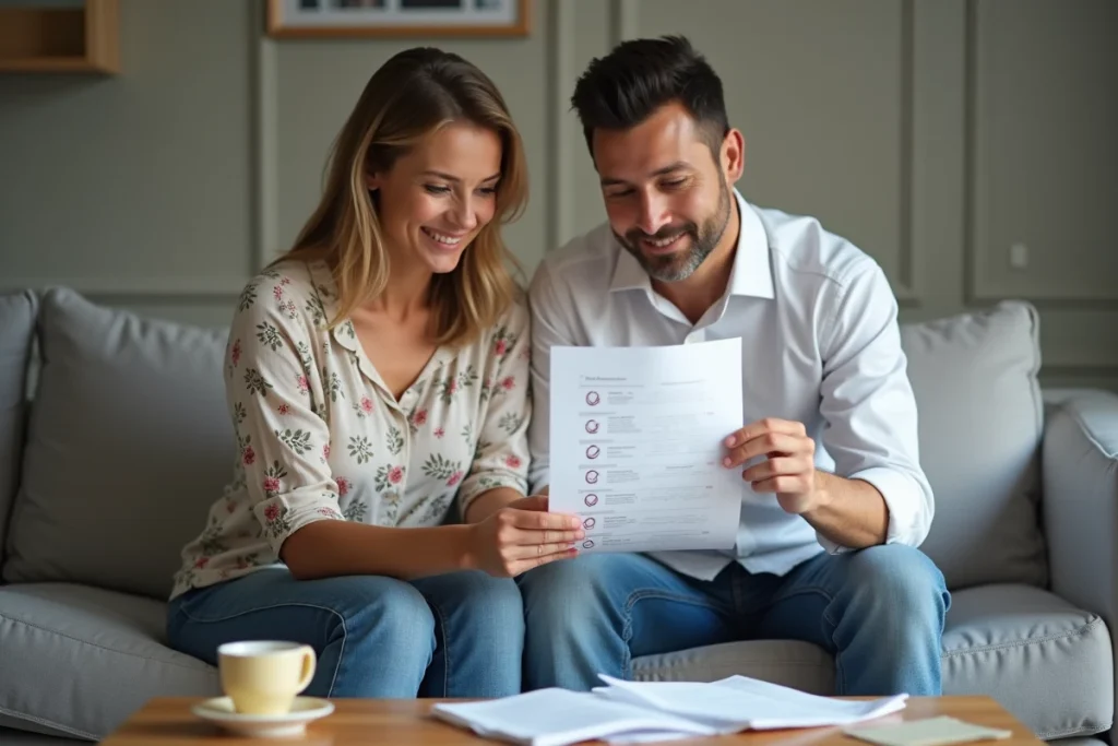 Couple vérifiant ensemble la liste des justificatifs pour une demande d'APL auprès de la CAF
