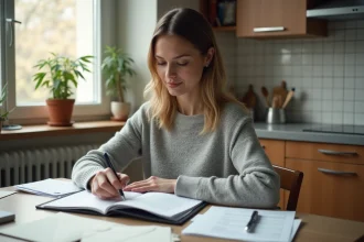Femme organisant des justificatifs administratifs pour un dossier CAF APL dans une cuisine d'appartement