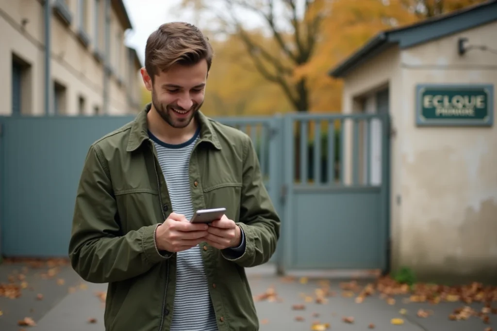 Un jeune enseignant consulte son smartphone devant une école primaire française pour vérifier le versement de son salaire