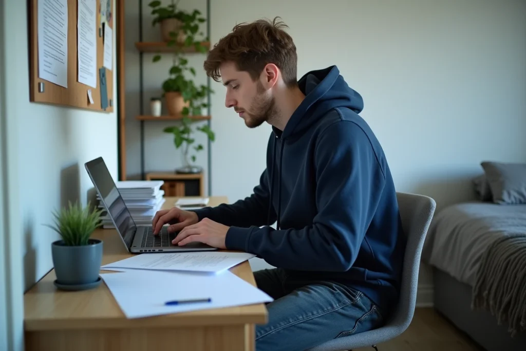Jeune homme consultant des documents CAF sur ordinateur portable dans un studio loué