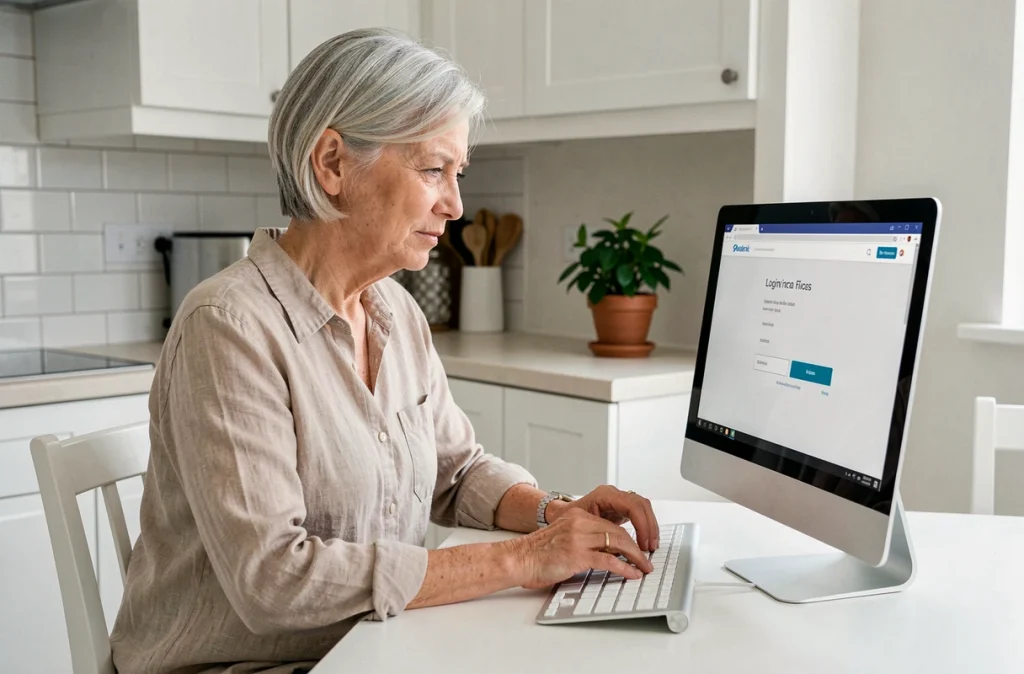 Femme senior accédant en toute sécurité à son espace client LCL sur ordinateur depuis sa cuisine