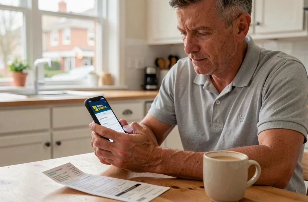 Homme utilisant l'application mobile Western Union pour envoyer de l'argent depuis chez lui