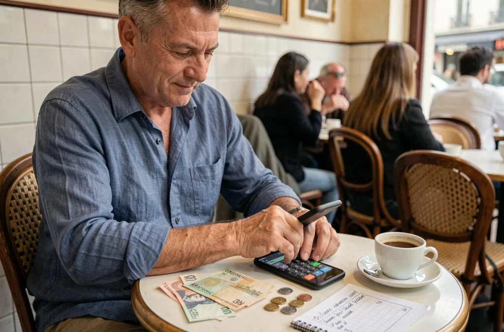 Homme calculant la conversion de francs en euros sur smartphone dans un café parisien avec des billets et pièces sur la table