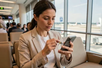 Femme insérant une carte SIM prépayée dans son smartphone dans un salon d'aéroport international
