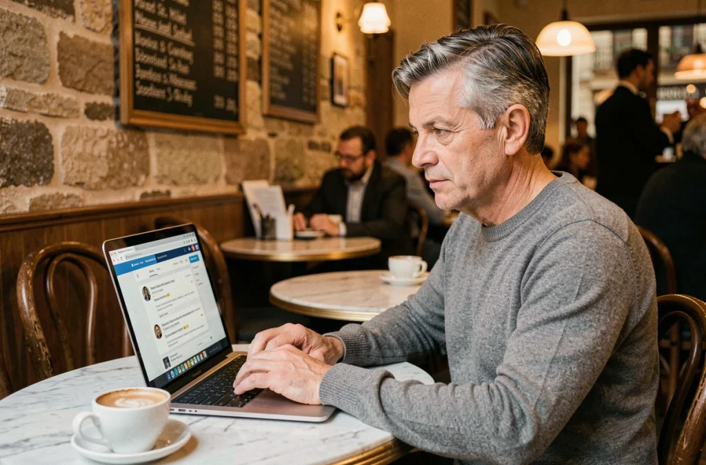 Chef d'entreprise français consultant une plateforme de financement participatif dans un café parisien