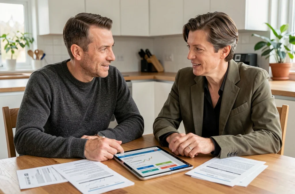 Couple de chefs d'entreprise examinant ensemble les avis réels sur OLINDA Banque Pro autour d'une table avec une tablette et des relevés bancaires