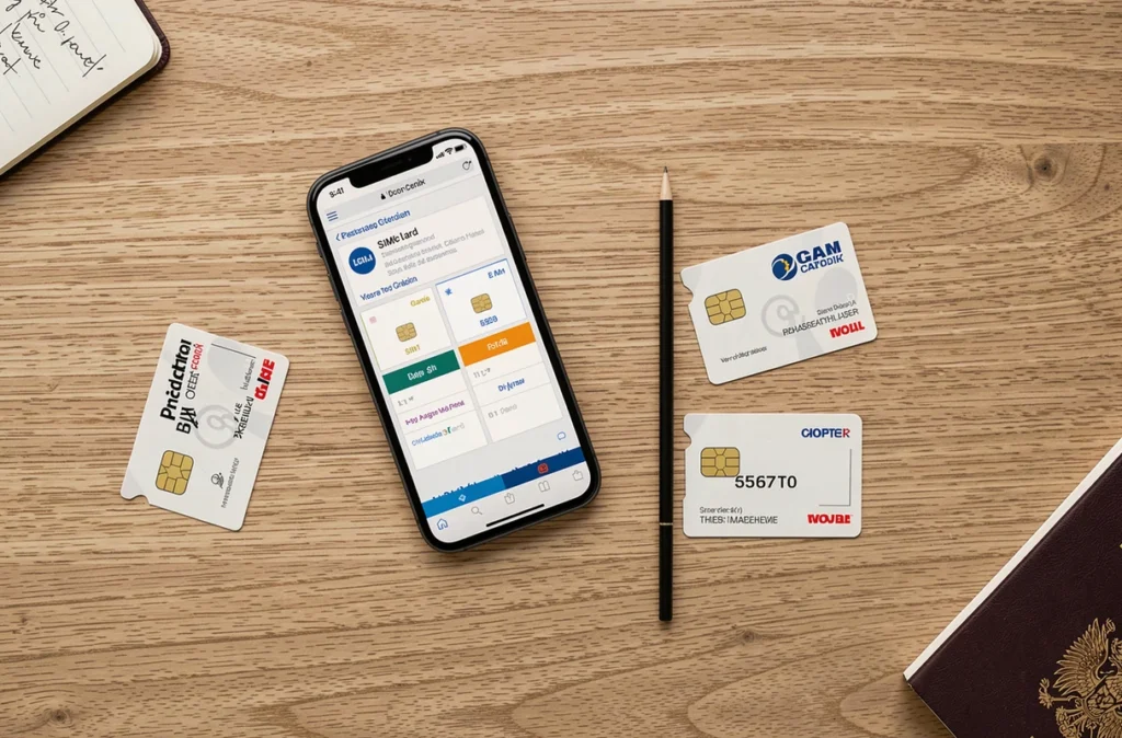 Vue de dessus d'une comparaison entre carte SIM prépayée et eSIM pour voyager en Europe posées sur un bureau en bois