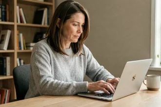 Femme connectée à son compte bancaire LCL en ligne sur un ordinateur portable dans un bureau à domicile