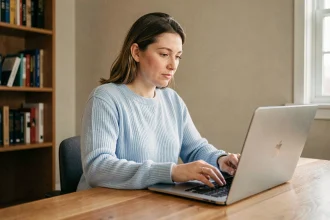 Femme utilisant son ordinateur portable pour se connecter à son espace bancaire sécurisé LCL en ligne