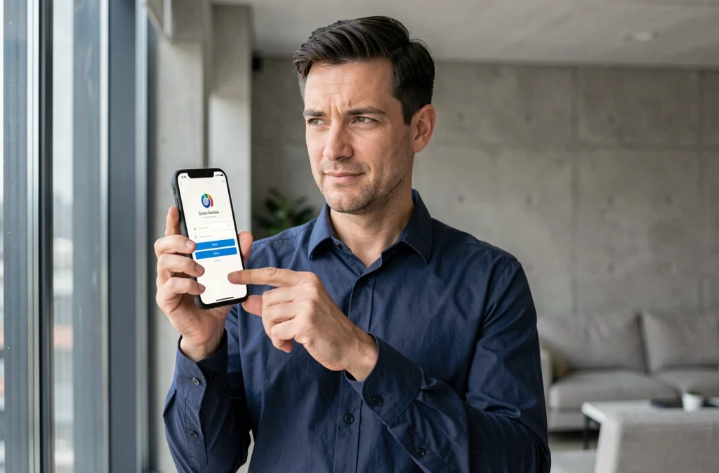 Homme utilisant l'application mobile LCL pour se connecter à son espace bancaire particuliers depuis son smartphone