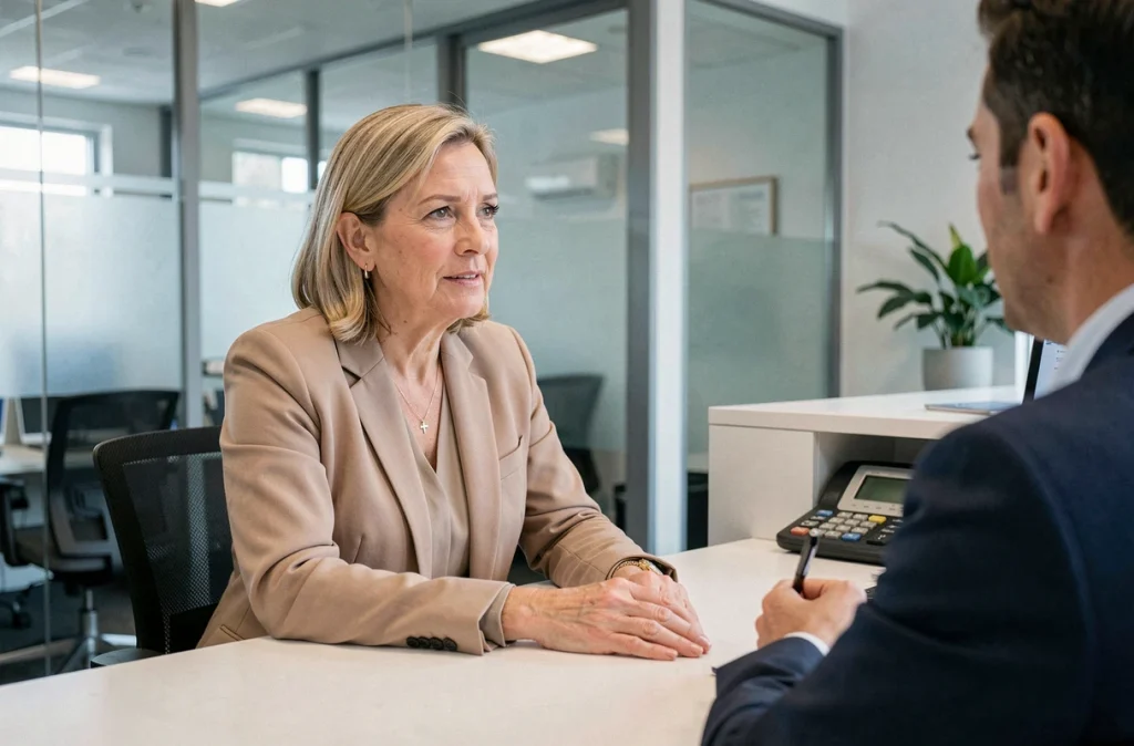 Cliente discutant avec un conseiller bancaire LCL pour résoudre un problème d'accès à son espace sécurisé