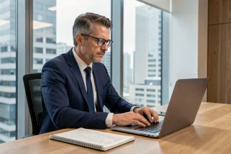 Conseiller financier analysant un simulateur de rendement SCPI sur ordinateur portable dans un bureau moderne