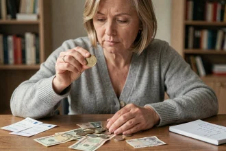 Femme examinant des pièces et billets en francs français sur un bureau en bois pour calculer leur valeur en euros