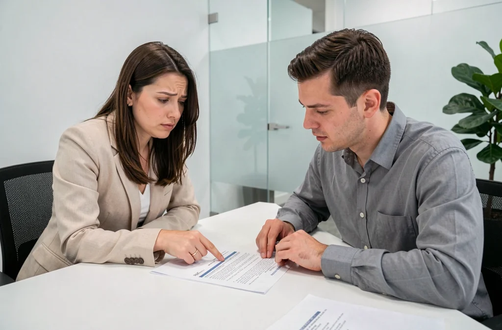 Couple d'acheteurs immobiliers lisant attentivement un contrat de vente dans une étude notariale pour comprendre les frais de notaire