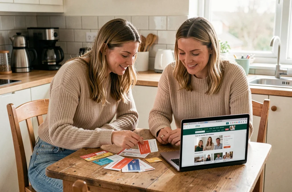 Couple consultant des chèques cadeaux et une carte cadeau à la maison devant un ordinateur portable