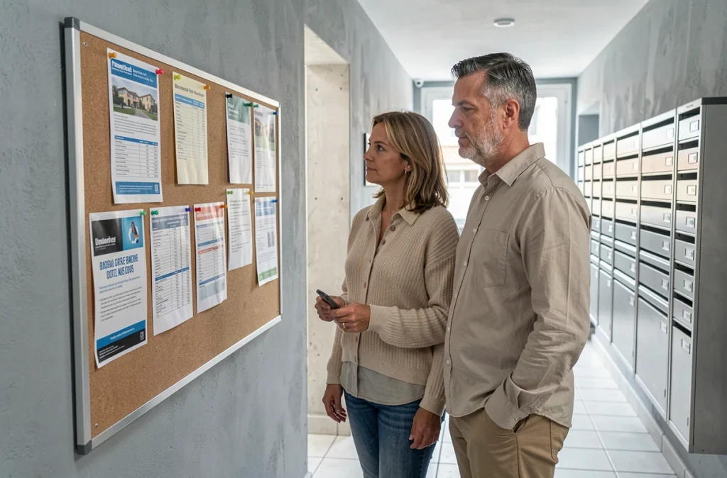 Couple de nouveaux copropriétaires consultant l'affichage des charges et du budget en parties communes