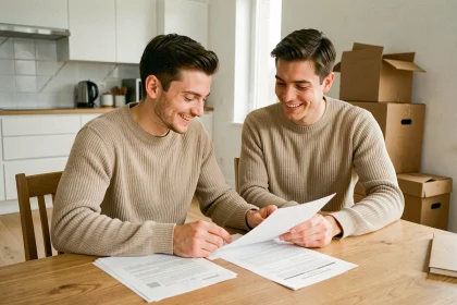 Jeune couple signant des documents de prêt à taux zéro pour leur premier achat immobilier
