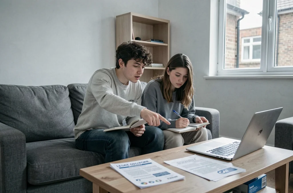 Couple consultant le site de la CAF sur un ordinateur portable pour simuler leurs droits aux APL dans leur premier appartement commun