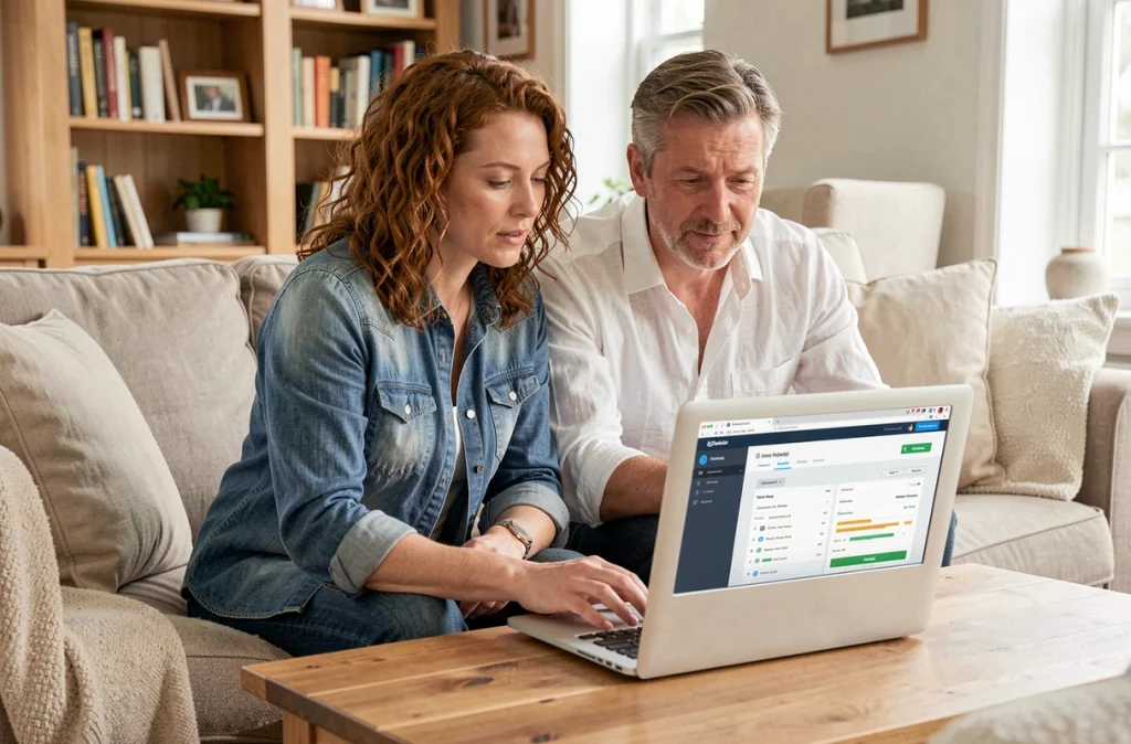 Couple consultant ensemble leur crédit immobilier en ligne dans leur salon
