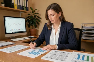 Dirigeante de PME analysant des documents de trésorerie dans son bureau