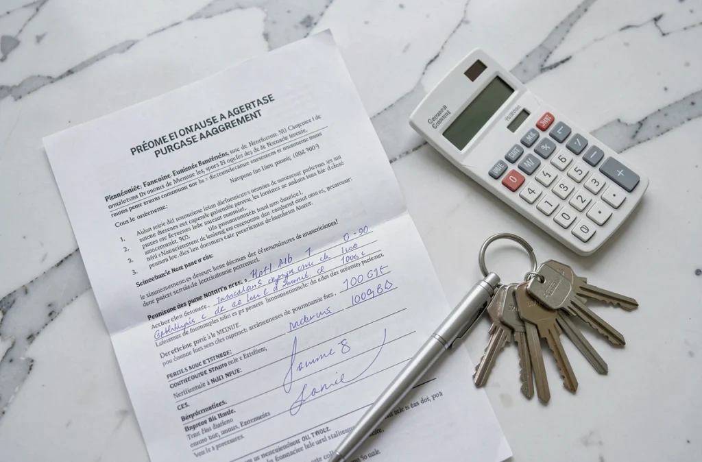 Vue aérienne d'un dossier d'achat immobilier avec estimation des frais de notaire, calculatrice et clés d'appartement sur marbre blanc