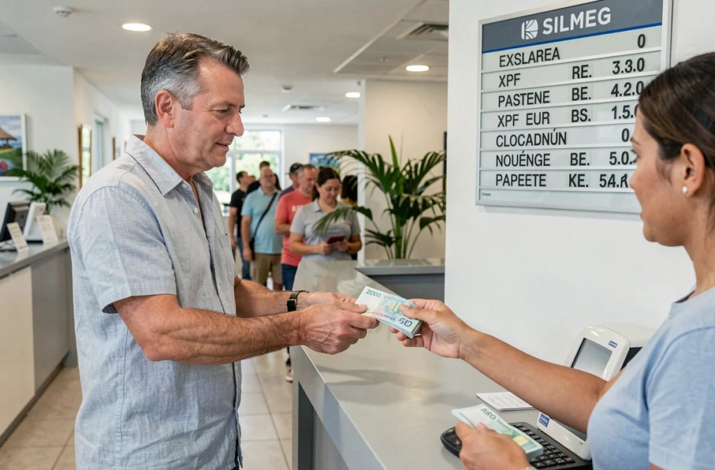 Homme échangeant des francs pacifiques en euros au guichet d'une banque en Nouvelle-Calédonie