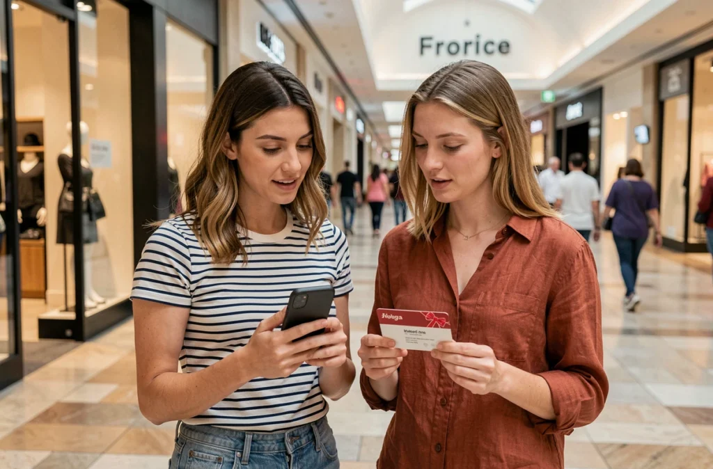 Deux femmes vérifiant sur smartphone quelles enseignes acceptent la carte Kadéos Infini dans un centre commercial