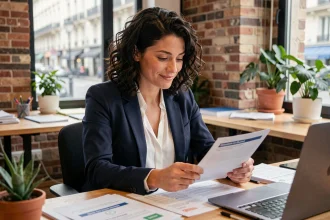 Entrepreneuse française analysant une campagne de financement participatif dans un bureau moderne parisien