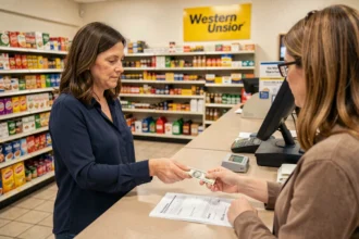 Femme envoyant de l'argent via Western Union à un guichet de commerce de proximité