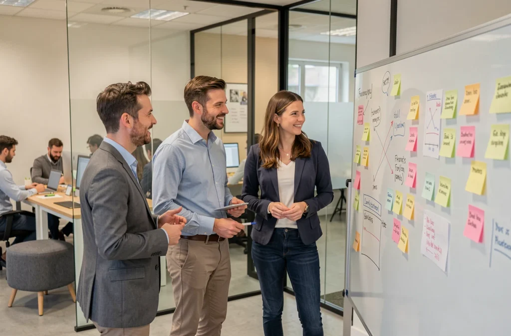 Équipe de startup française en réunion de brainstorming pour une campagne de crowdfunding