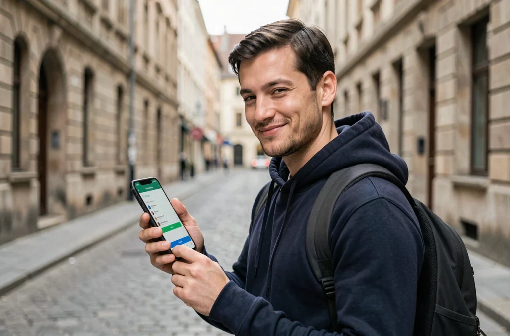 Homme activant une eSIM locale sur son smartphone dans une rue pavée d'une ville européenne