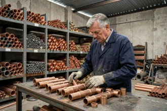 Expert en métaux examinant des pièces en bronze sur un établi dans un entrepôt de ferraille industriel
