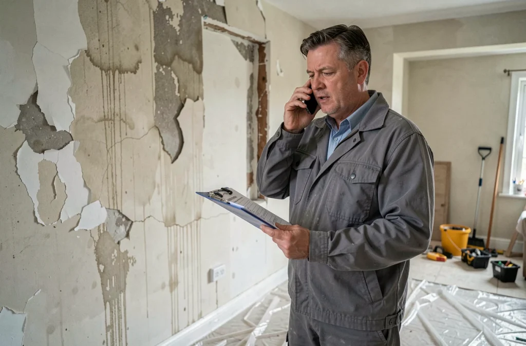 Expert en sinistre évaluant les dégâts des eaux dans un appartement, en contact téléphonique avec un assureur