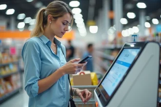 Femme consultant sa facture Carrefour en ligne sur smartphone à la caisse en libre-service
