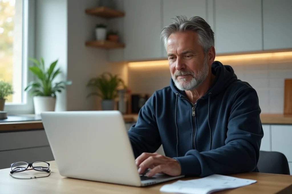 Homme consultant sa facture Carrefour en ligne sur ordinateur portable avec ticket de caisse papier