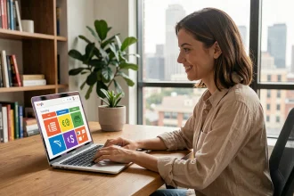 Jeune femme organisant une cagnotte en ligne internationale depuis son bureau à domicile avec un tableau de bord multidevises