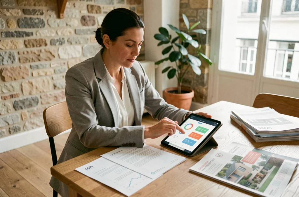 Femme calculant ses loyers futurs via un simulateur SCPI sur tablette dans un appartement parisien