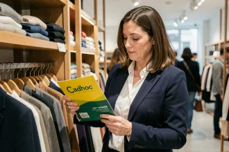 Femme utilisant des chèques Cadhoc pour faire ses achats dans une boutique de vêtements