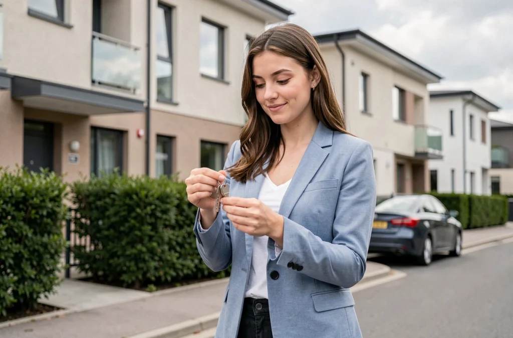 Femme tenant les clés de son premier appartement acheté grâce au prêt à taux zéro