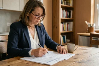 Femme consultant ses documents d'assurance Qlara à la suite d'un sinistre, assise à une table de cuisine moderne