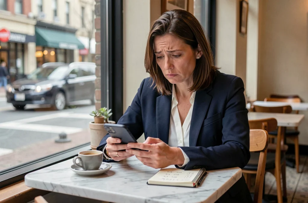 Femme investisseuse consultant le forum Boursorama sur son téléphone dans un café pour évaluer l'action ORA