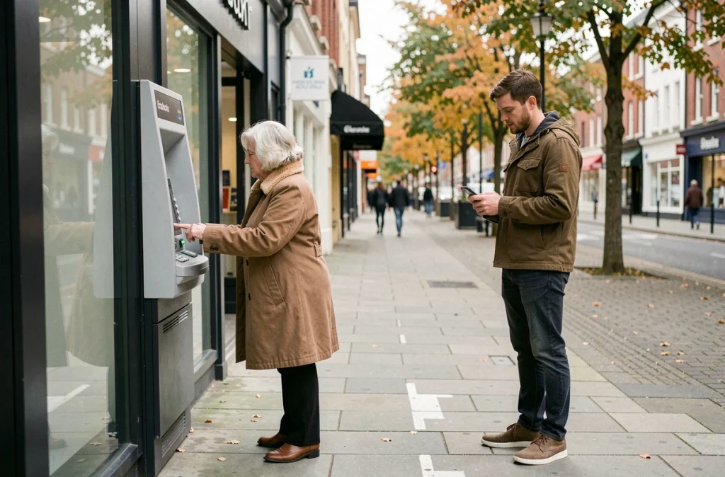 File d'attente respectueuse devant un distributeur automatique en zone commerçante pour un retrait sécurisé