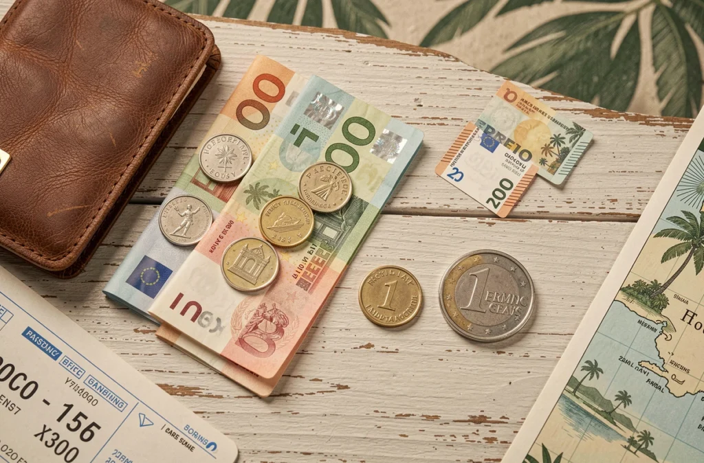 Flat-lay de francs pacifiques et d'euros avec passeport et carte de la Polynésie française sur une table en bois