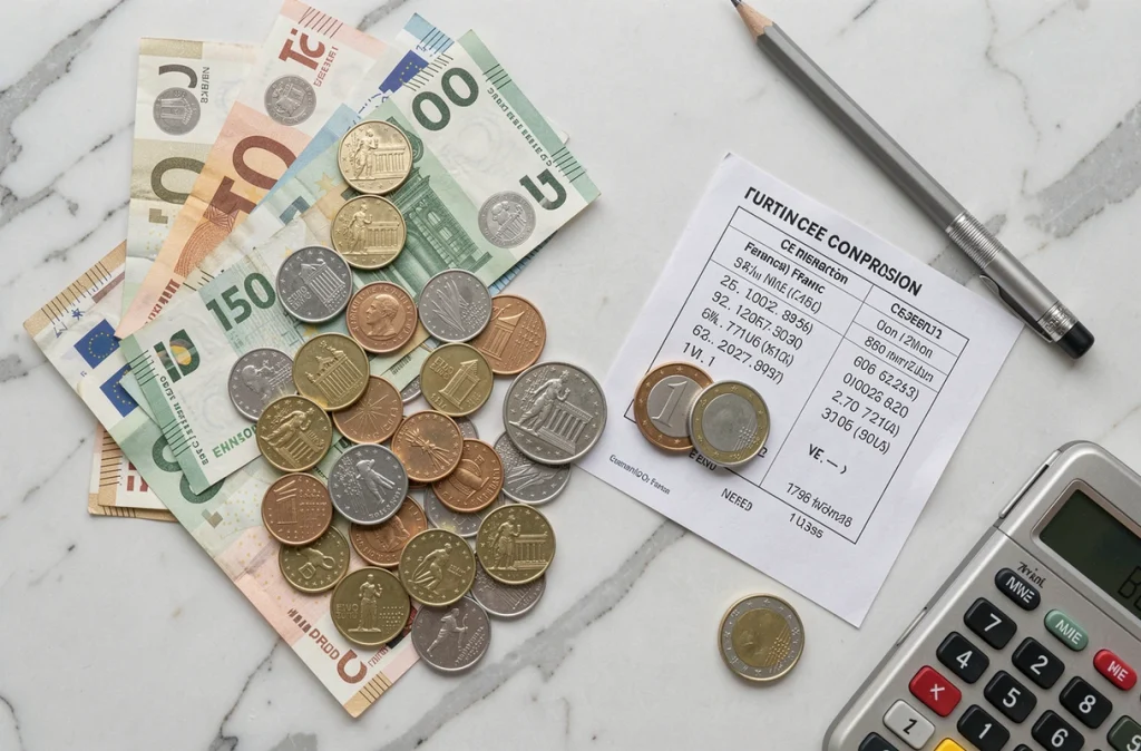 Vue de dessus de pièces et billets en francs français disposés avec des euros et un tableau de conversion sur marbre blanc