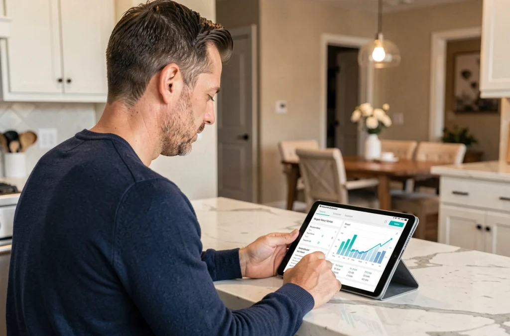 Homme gérant son prêt immobilier sur une tablette dans une cuisine moderne