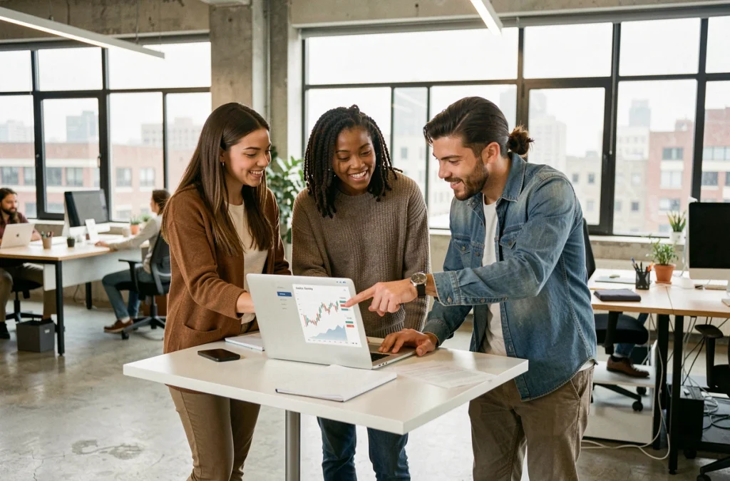 Groupe de jeunes entrepreneurs discutant de solutions d'affacturage autour d'un tableau de bord financier numérique