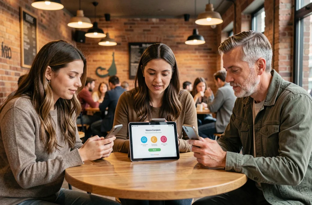 Groupe multiculturel de participants contribuant à une cagnotte commune depuis un café avec leurs smartphones
