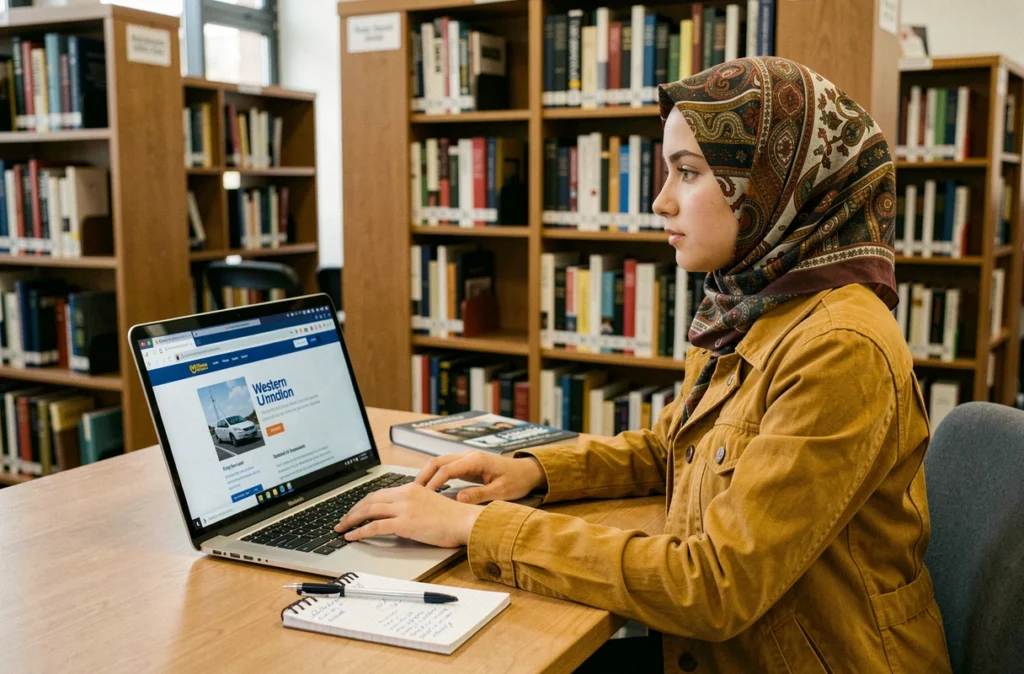 Jeune femme consultant le site Western Union sur un ordinateur portable dans une bibliothèque publique