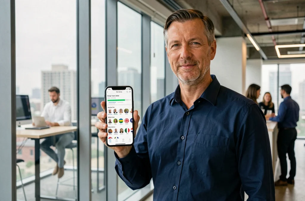 Homme d'affaires consultant une application de cagnotte internationale sur son smartphone dans un bureau moderne avec vue sur la ville